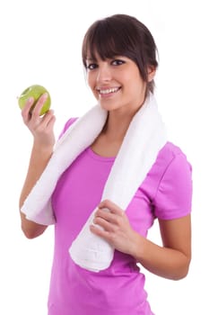 Young caucasian woman holding  an apple over white background