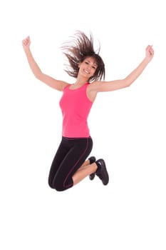 Weight loss fitness woman jumping of joy,isolated on white background