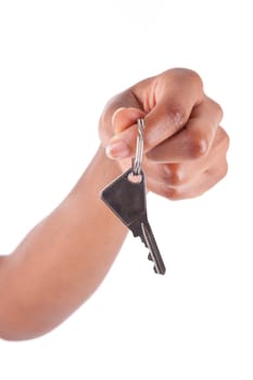 African American woman Hand Holding a house key, isolated on white background