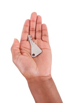 African American woman Hand Holding a house key, isolated on white background