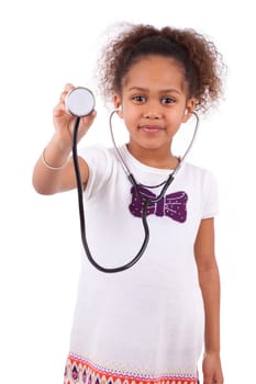 Young african asian girl holding a stethoscope, isolated on white background