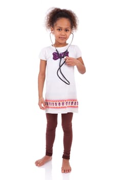 Young african asian girl holding a stethoscope, isolated on white background