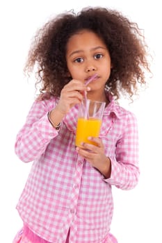 Little african asian girl drinking orange juice,isolated on white background