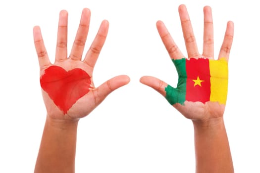 African hands with a painted heart and cameroon flag, i love cameroon concept, isolated on white background