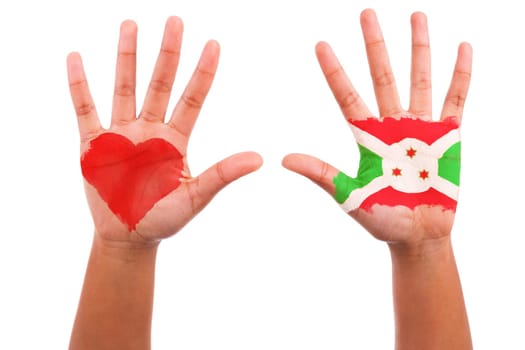 African hands with a painted heart and burundian flag, i love burundi concept, isolated on white background