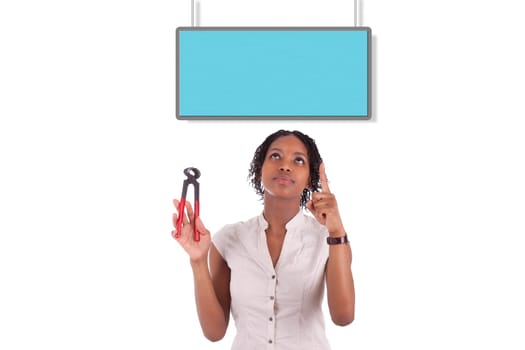 Young african american woman looking to unhook a empty board, isolated on white background