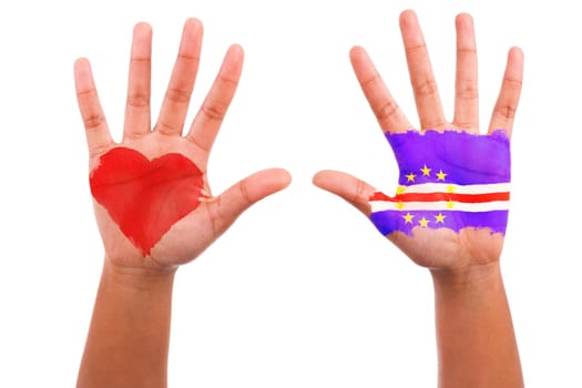 African hands with a painted heart and cape verdean flag, i love cape verde concept, isolated on white background