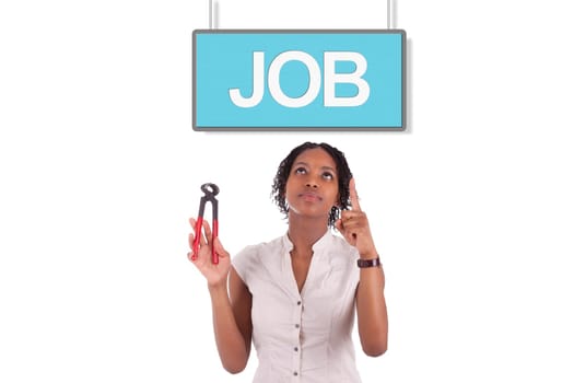 Young african american woman looking for a job, isolated on white background