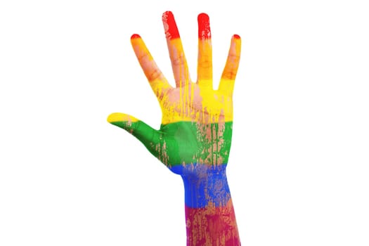African hand with a painted lgbt flag, isolated on white background
