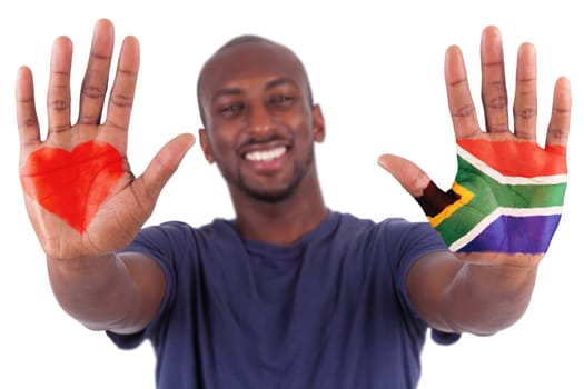 African man hands with a painted heart and south african flag, i love south africa concept, isolated on white background