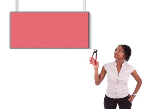 Young african american woman looking to unhook a empty board, isolated on white background
