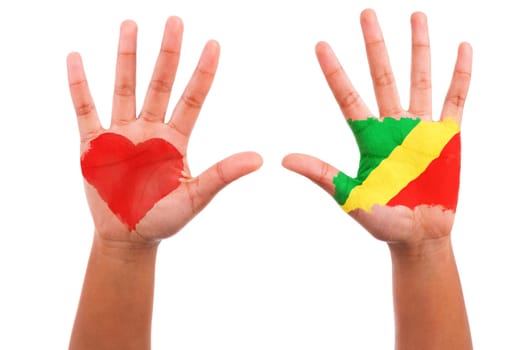 African hands with a painted heart and congolese flag, i love congo concept, isolated on white background