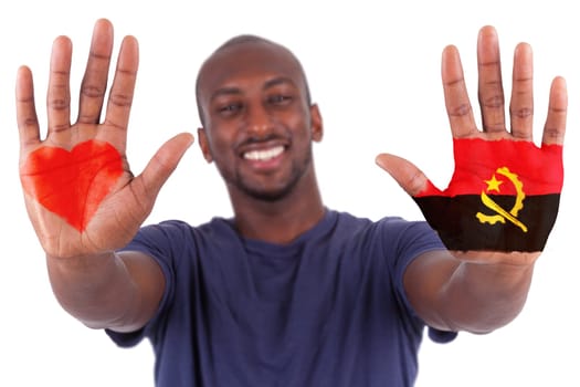 African man hands with a painted heart and angolan flag, i love angola concept, isolated on white background