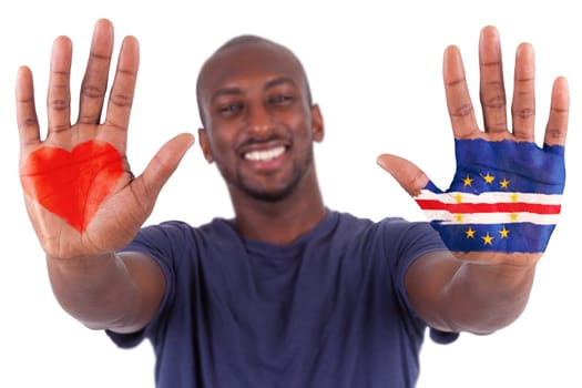 African man hands with a painted heart and cape verdean flag, i love cape verde concept, isolated on white background