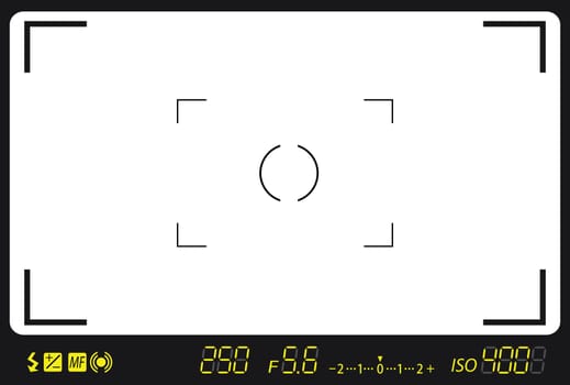 camera viewfinder with exposure and camera settings.