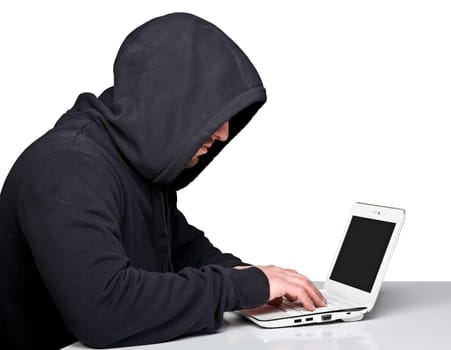 portrait of hacker isolated on white background