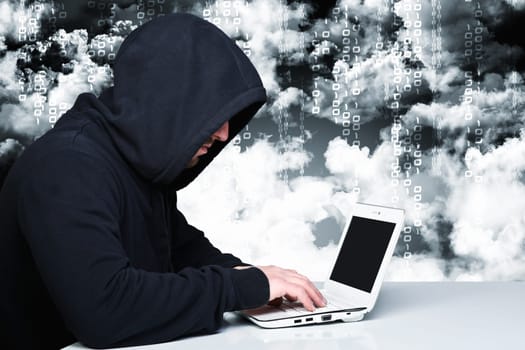 portrait of hacker with binary code
