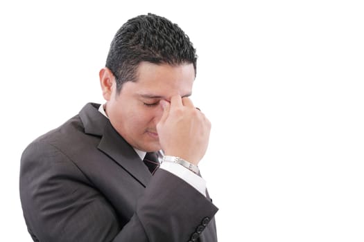 Business man with a head ache, isolated on white background
