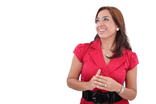 Portrait of a beautiful woman looking away smiling, isolated on a white background