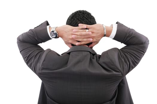 back of businessman holding hands on head on white background