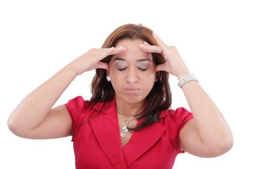 A young woman with a headache holding head, isolated on white background