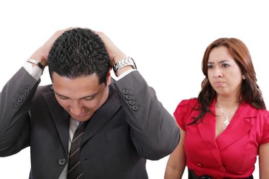 Young couple couple conflict, isolated over white background