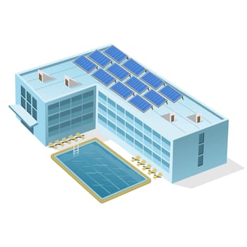 Illustration of building with pool full of blue water