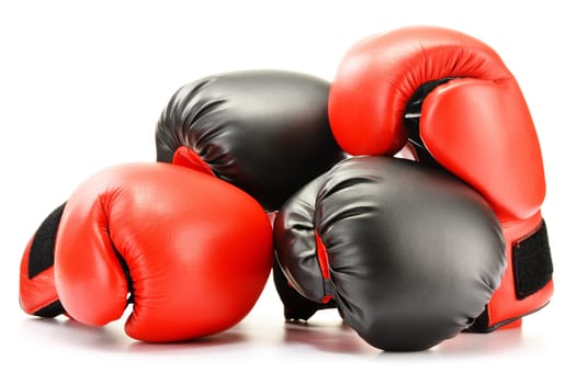 Two pairs of leather boxing gloves isolated on white