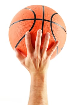 Hand and basketball isolated on white background