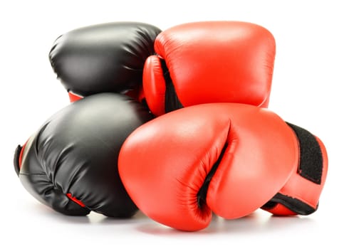 Two pairs of leather boxing gloves isolated on white