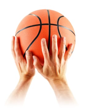 Hands and basketball isolated on white background