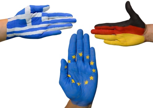 hands symbolizing the relation between greece, germany and europe, isolated