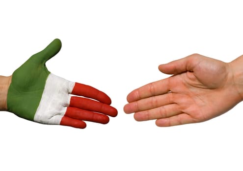 two hands, one in the colors of italy and one with copyspace, both isolated