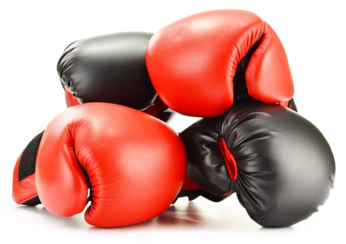 Two pairs of leather boxing gloves isolated on white