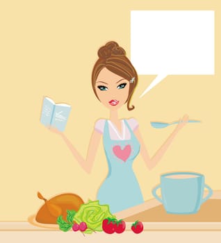 Beautiful lady cooking chicken or turkey