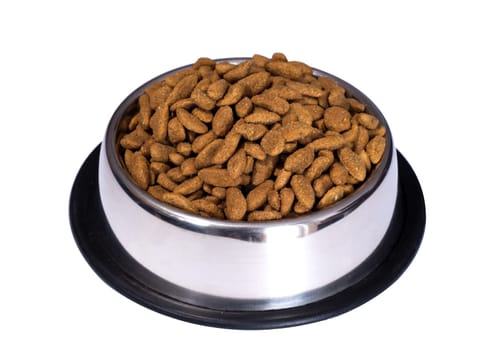 Metal cup with dog food isolated on white