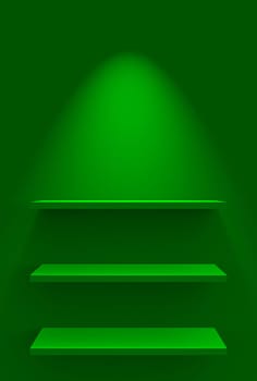 Three Shelves on Wall with Lighting - Green