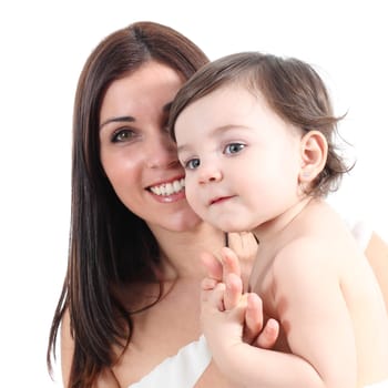 Portrait of a beautiful mother holding her daughter isolated on a white background