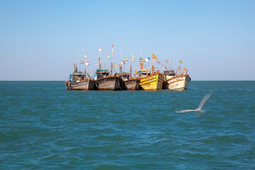 Dwarka Roadtrip March 27 2013. Seascape of a row of colorful fishing boats anchored off shore in the Arabian Sea on the coast Gujarat India at Bet Dwarka. Lone seagull on the prowl for food amidst blue seas and sky
