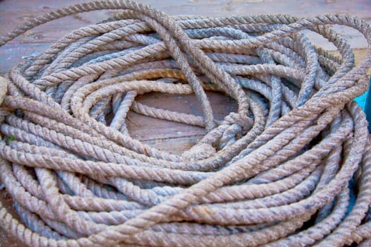 Dwarka Roadtrip. Landscape of a coiled shipping rope used at moorings and anchor. Generic shot location, Bet Dwarka, Gujarat, India