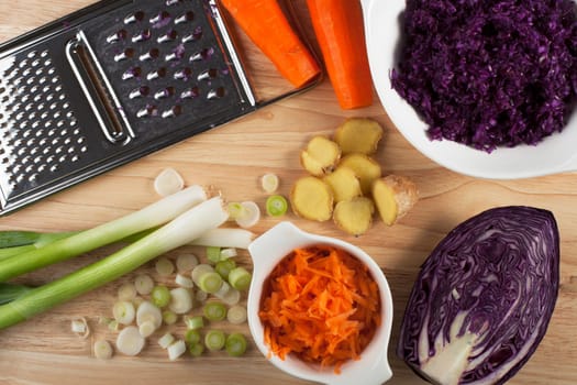 Ingredients for pot stickers including red cabbage, carrots, spring onions, and ginger