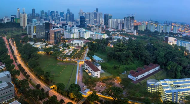 Singapore City Skyline with Bukit Timah Central Expressway CTE at Evening Blue Hour Panorama