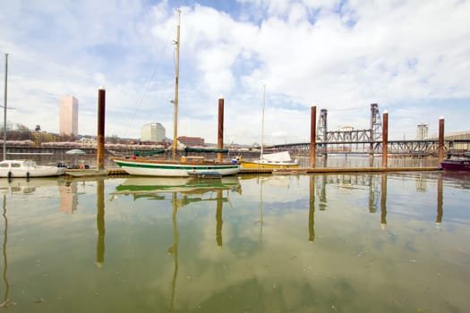 Marina Along Willamette River with Steel Bridge in Portland Oregon