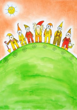 Seven dwarfs, child's drawing, watercolor painting on paper