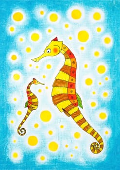 Seahorses, child's drawing, watercolor painting on paper