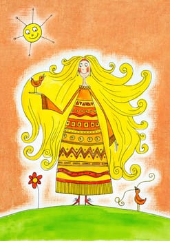 Happy girl with birds, child's drawing, watercolor painting on paper