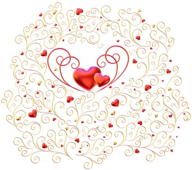 Beautiful golden curls branches with expensive ruby red hearts as decorative jewelry