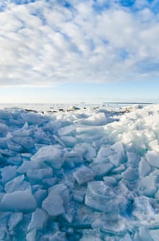 Pile of broken ice floes on the Baltic Sea coast