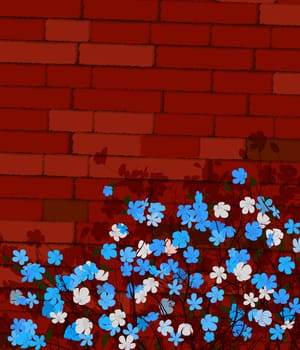 Blue flowers on a wall, absrtact art.