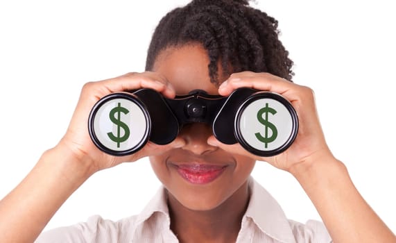 Young black / african  american business woman using binoculars reflecting dollar sign, isolated on white background